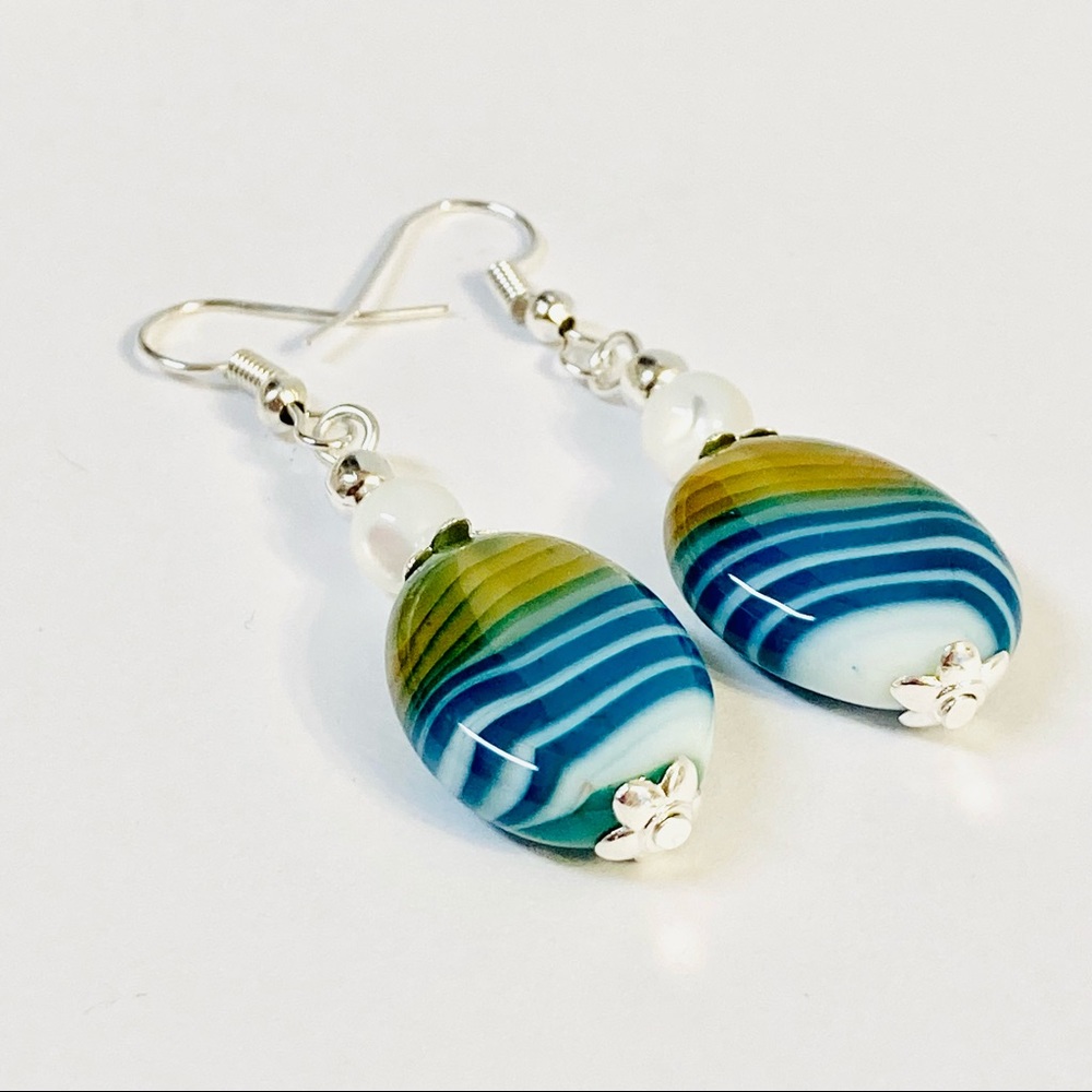 GORGEOUS ONYX Gemstone Earrings in Teal, Turquoise, Green & Crisp White Stripes